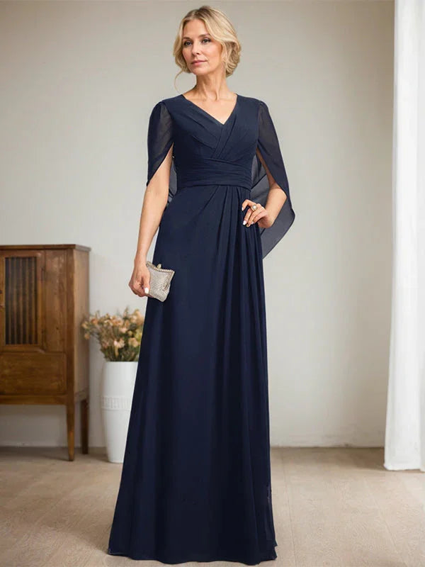 فستان أم العروس طويل برقبة على شكل حرف V وقصة على شكل حرف A باللون الأزرق الداكن
