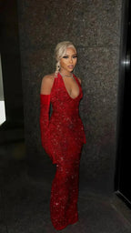 Vestido de Baile Vermelho com Lantejoulas, Alças ao Pescoço, Sexy para Rapariga Negra, Vestido Longo de Sereia para Noite Y7822