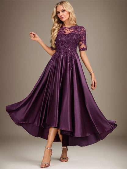 A-Linie, U-Ausschnitt, Illusion, asymmetrisch, Stretch-Satin, Spitze, Kleid für die Brautmutter mit Pailletten 