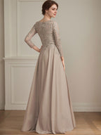 Robe de mère de la mariée en mousseline de soie à dentelle, longueur au sol, en ligne A, col en V, ornée de paillettes