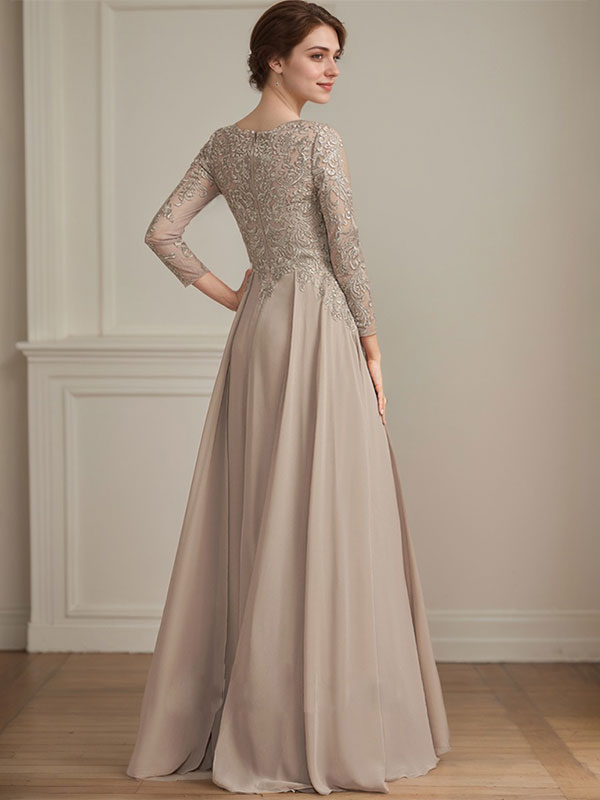 Robe de mère de la mariée en mousseline de soie à dentelle, longueur au sol, en ligne A, col en V, ornée de paillettes