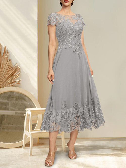 Abito da madre della sposa in pizzo e chiffon con scollo a barchetta, lunghezza tè, linea a trapezio e paillettes