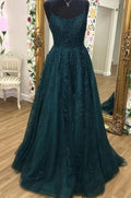 Abito da sera a linea ad A in pizzo di tulle con scollo rotondo e spalline sottili, modello Y1817