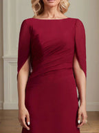 Trompeten-/Meerjungfrauen-Bootsausschnitt bodenlanges Chiffonkleid für die Brautmutter mit Faltenwurf