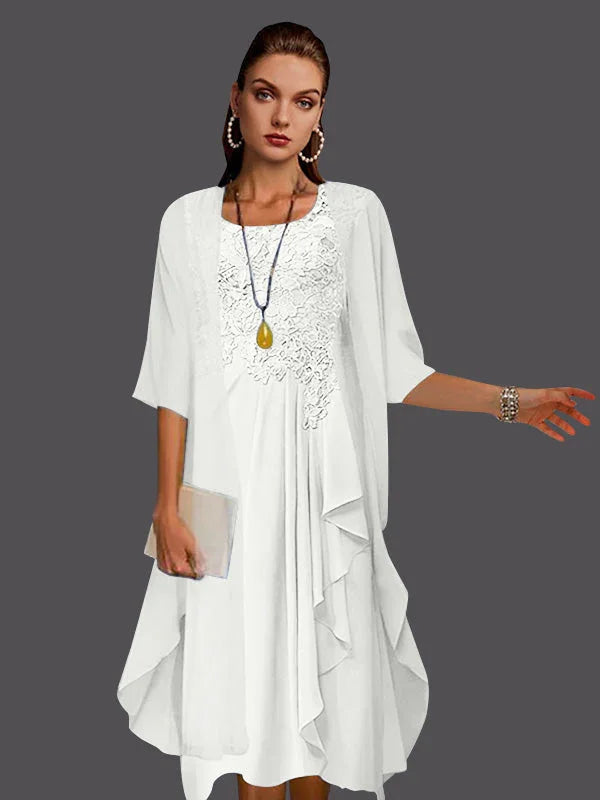 Vestidos de dos piezas con chaqueta sin mangas de encaje de gasa en línea A con pliegues y apliques