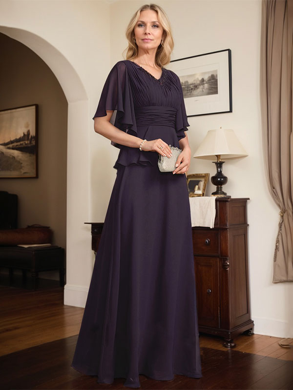 Robe de mère de la mariée en mousseline, longueur au sol, en ligne A, col en V, ornée de perles plissées