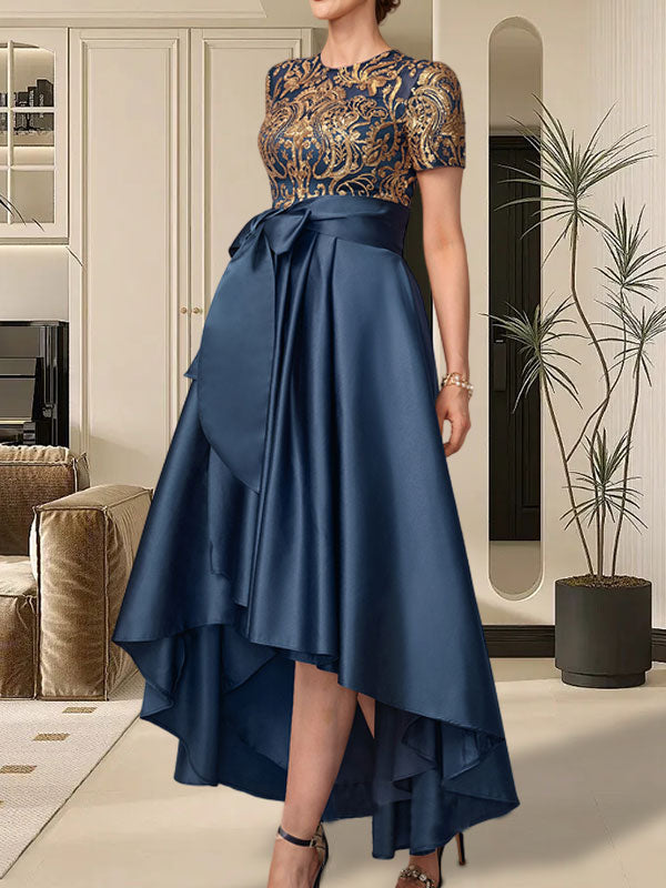 Robe de mère de la mariée en satin à paillettes et dentelle, ligne A, décolleté arrondi asymétrique avec nœud