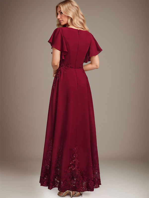Robe de mère de la mariée en mousseline de soie à dentelle, longueur cheville, en forme trapèze avec décolleté arrondi et paillettes