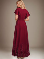 Robe de mère de la mariée en mousseline de soie à dentelle, longueur cheville, en forme trapèze avec décolleté arrondi et paillettes