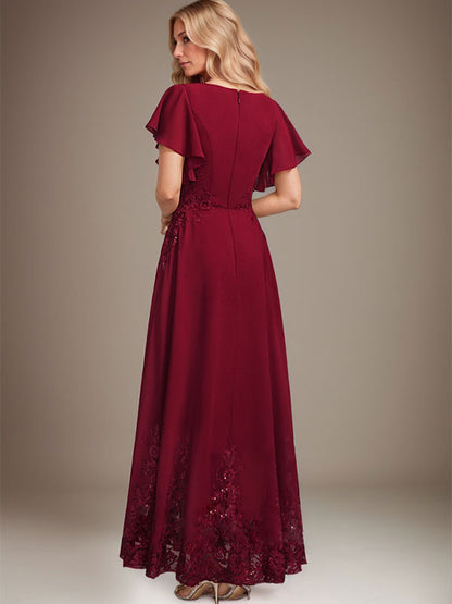 Vestido de gasa con encaje y lentejuelas para madre de la novia, corte A, escote redondo hasta los tobillos