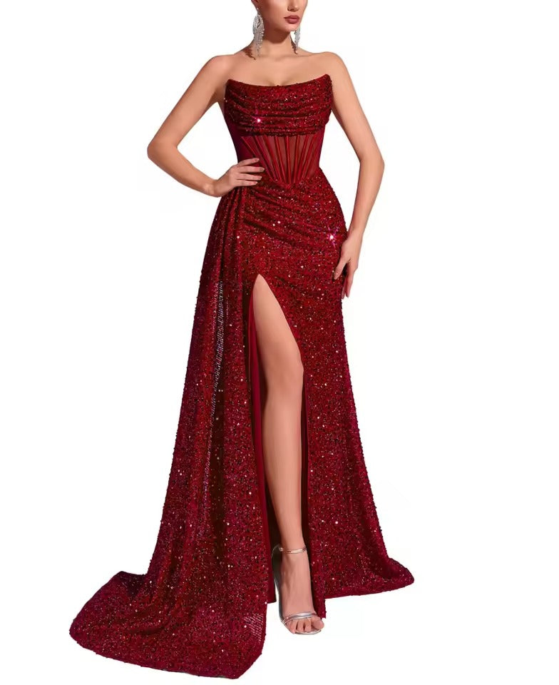 Vestido de Noite de Sereia com Lantejoulas Sem Alças | Vestido de Baile com Corpete Franzido e Fenda