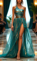 Abito lungo da sera verde in tulle con spacco e spalla unica Y8320