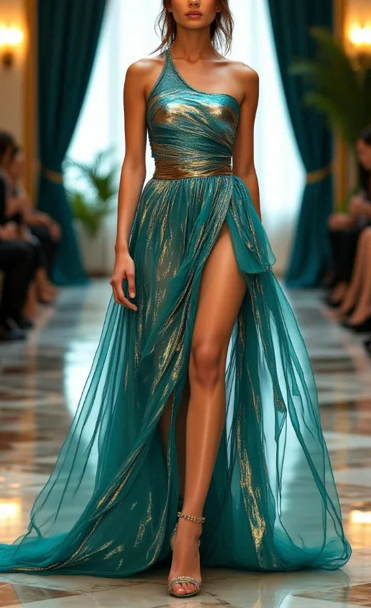 Abito lungo da sera verde in tulle con spacco e spalla unica Y8320