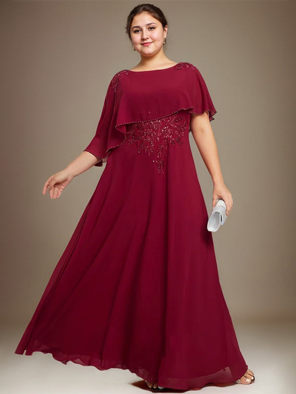 Robe de mère de la mariée en mousseline et dentelle, longueur au sol, en forme de A, décolleté arrondi, ornée de perles et de paillettes