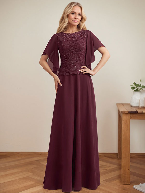 A-Linie, U-Ausschnitt, Illusion, bodenlanges Spitzen-Chiffon-Kleid für die Brautmutter mit Pailletten 
