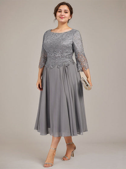 A-Linie U-Ausschnitt Wadenlang Chiffon-Kleid für die Brautmutter 