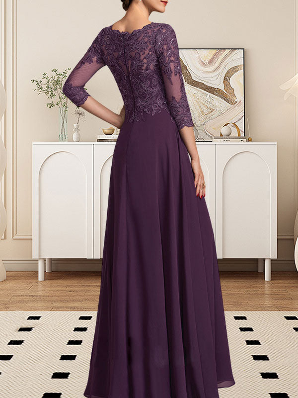 A-Linie U-Ausschnitt Bodenlang Spitzen-Chiffon-Kleid für die Brautmutter mit Pailletten