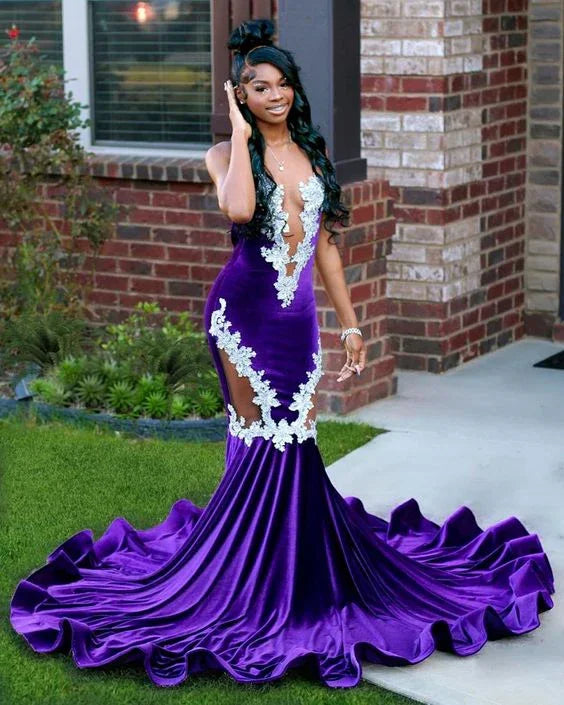 Nuovo Abito da Sera Viola Sirena con Pizzo Elegante Coda di Pesce Abito da Ballo Nero per Ragazze Taglia Forte Abiti da Cerimonia per Occasioni Formali Y6581