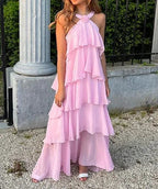 Abito da sera rosa a balze a linea ad A per donna, abito da ballo rosa senza schienale Y4532