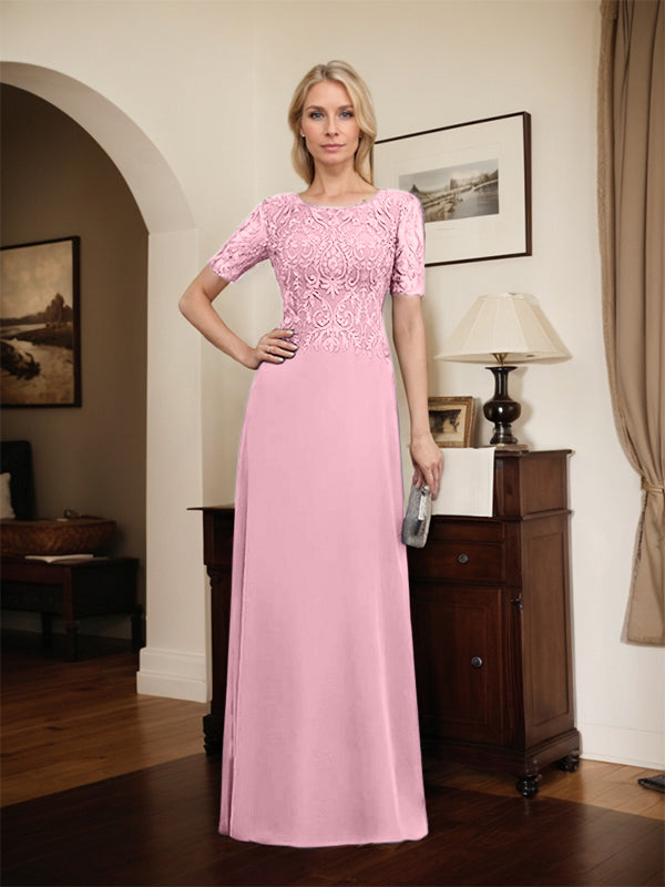 A-Linie U-Ausschnitt Bodenlang Spitzen-Chiffon-Kleid für die Brautmutter mit Pailletten