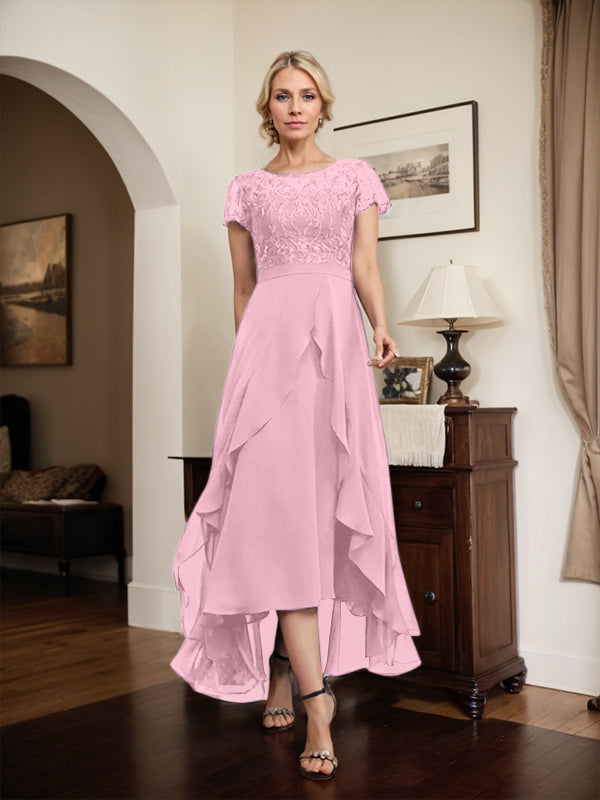 Robe de mère de la mariée en mousseline et dentelle asymétrique illusion à encolure dégagée, coupe en A, avec nœud, volants et paillettes