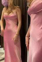 Abito lungo da sera rosa Sirena, abito lungo da sera rosa con spalline sottili Y1959