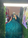 Vestido de Baile com Flores 3D Esmeralda para Quinceanera Festa Doce 15 16 Y6073