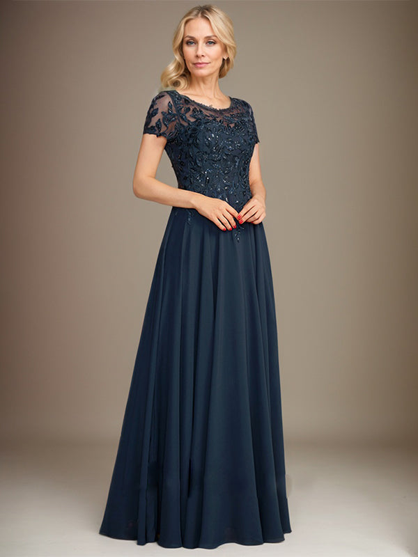 Robe de mère de la mariée en mousseline, longueur au sol, coupe en A, décolleté arrondi, ornée d'appliques et de paillettes