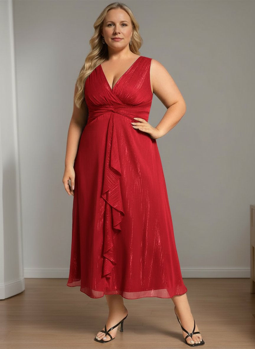 Pure Color Tea Length Mother Of The Bride Dress With Vneck And Aline Silhouette
