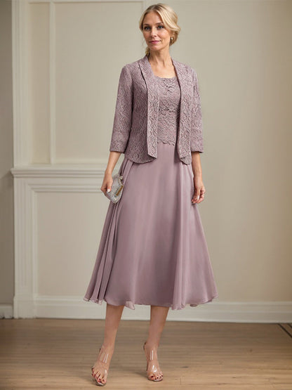 A-Linie U-Ausschnitt Wadenlang Chiffon-Kleid für die Brautmutter 