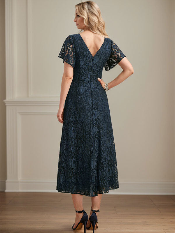 A-Linie V-Ausschnitt Wadenlanges Chiffon-Kleid für die Brautmutter 