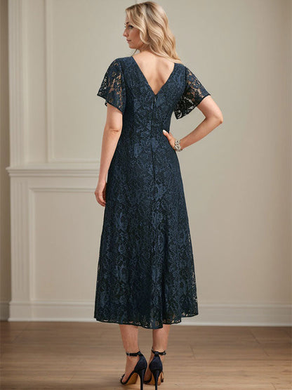 A-Linie V-Ausschnitt Wadenlanges Chiffon-Kleid für die Brautmutter 