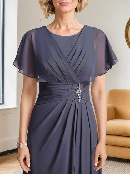 A-Linie, U-Ausschnitt, bodenlanges Chiffon-Kleid für die Brautmutter mit plissierter Perlenstickerei