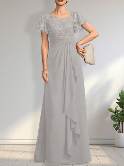 Vestido de madre de la novia de gasa con encaje, ilusión asimétrica, largo hasta el suelo, con volantes en cascada y lentejuelas. 