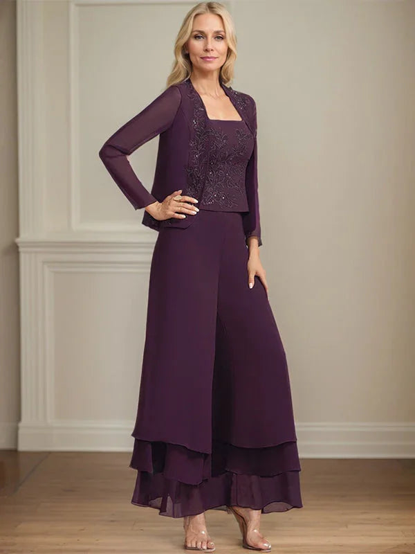 جمبسوت/بدلة منفصلة بطول الكاحل مربعة من الشيفون بالدانتيل فستان أم العروس مزين بالترتر