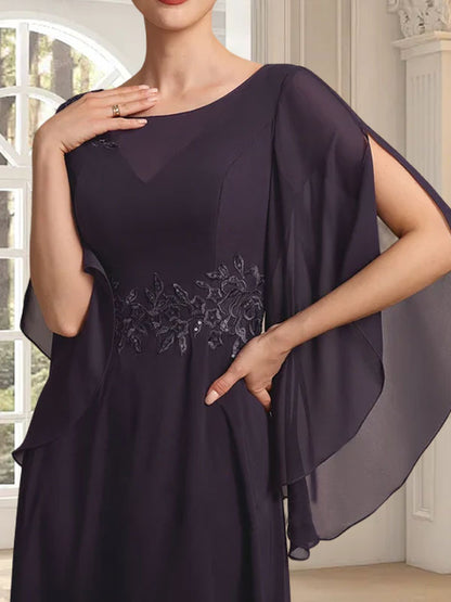 A-Linie, U-Ausschnitt, Illusion, knöchellang, Spitzen-Chiffon, Kleid für die Brautmutter mit Pailletten 