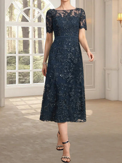 A-Linie, U-Ausschnitt, Illusion, knielang, Spitze, Kleid für die Brautmutter mit Pailletten