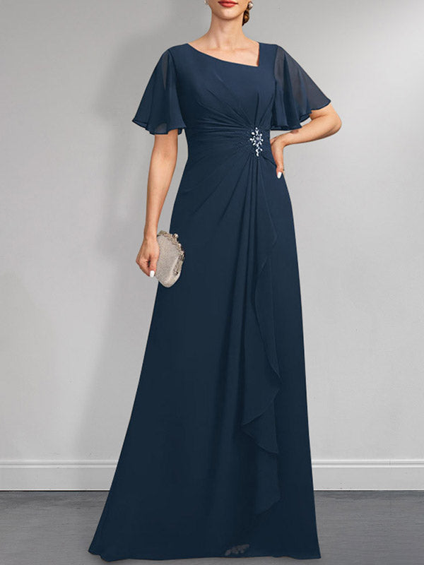 Abito da madre della sposa in chiffon asimmetrico a linea ad A, lungo fino al pavimento, con perline plissettate e paillettes