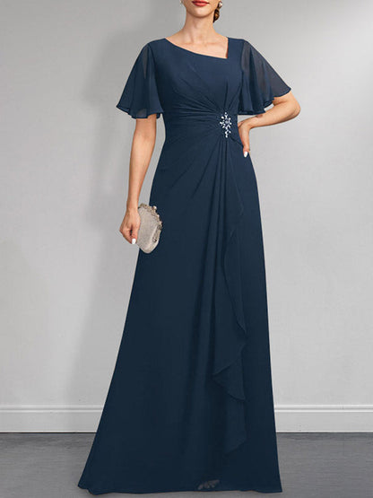 Vestido de gasa para madre de la novia, corte A, asimétrico, largo hasta el suelo, con lentejuelas y cuentas plisadas
