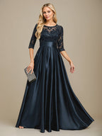 A-line Scoop Illusion Floor-Length Stretch Satin Lace Mother of the Bride Dress With Bow Sequins