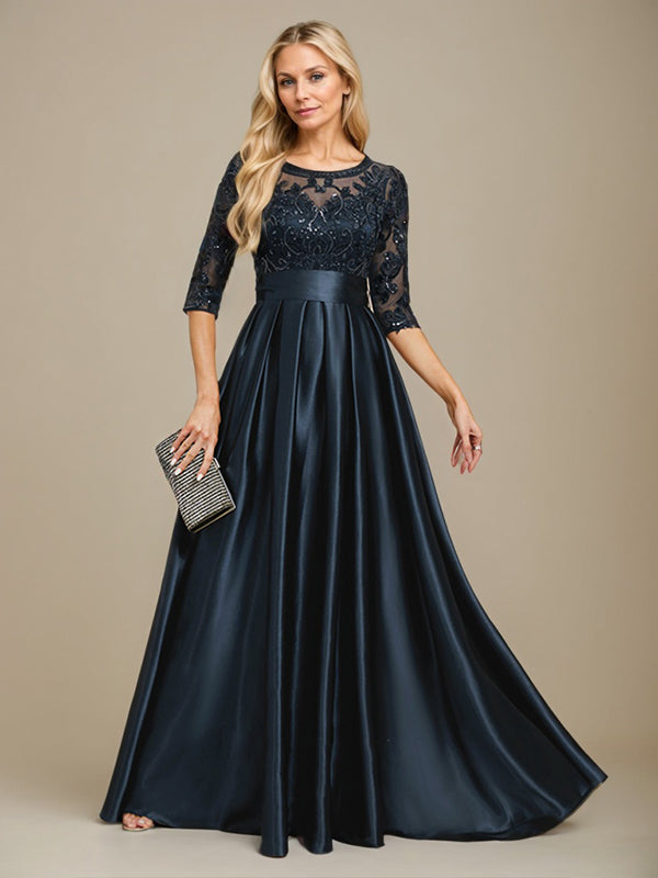 A-line Scoop Illusion Floor-Length Stretch Satin Lace Mother of the Bride Dress With Bow Sequins