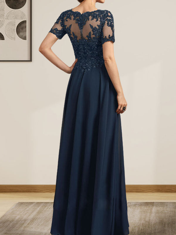 A-Linie U-Ausschnitt Illusion Bodenlang Chiffon Spitze Mutter der Braut Kleid mit Pailletten Perlen
