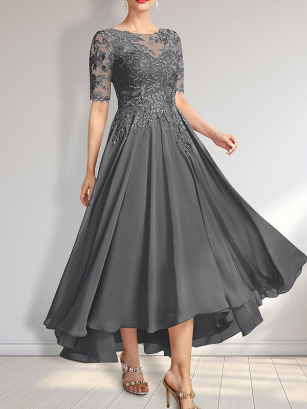 Robe de mère de la mariée en mousseline et dentelle asymétrique illusion à encolure dégagée, coupe en A, ornée de paillettes