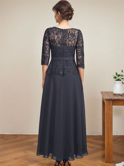 A-Linie, U-Ausschnitt, Illusion, knöchellang, Chiffon, Spitze, Kleid für die Brautmutter mit Strass-Perlen 