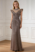 Luxuriöses Karamellfarbenes Meerjungfrauen-Abendkleid mit Perlen LA73082