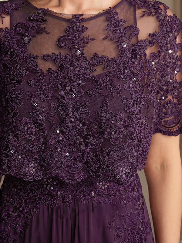 Abito da madre della sposa in chiffon di pizzo con scollo a barca, linea a trapezio, lunghezza fino al pavimento, con applicazioni di paillettes