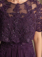 Abito da madre della sposa in chiffon di pizzo con scollo a barca, linea a trapezio, lunghezza fino al pavimento, con applicazioni di paillettes