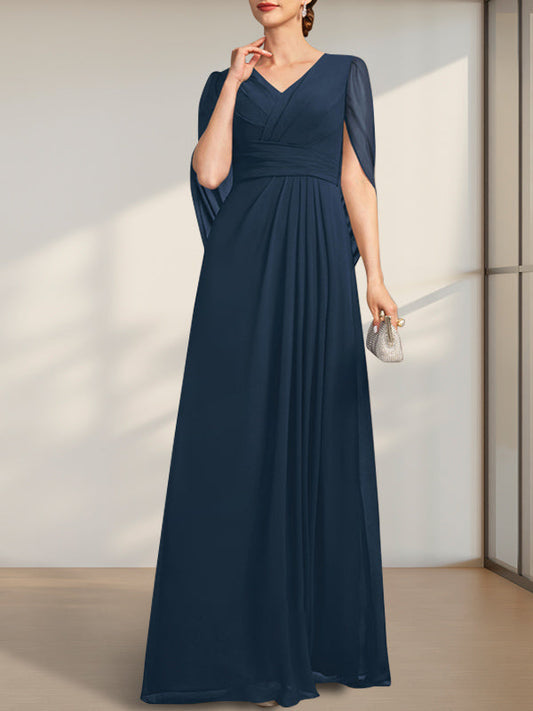 A-Linie V-Ausschnitt Bodenlang Chiffon Kleid für die Brautmutter mit Plissee