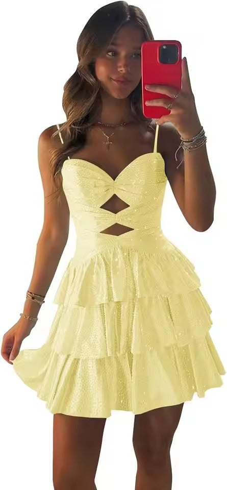 Vestido Curto Brilhante Sem Alças com Recortes | Vestido de Volantes em Camadas para Baile de Regresso a Casa