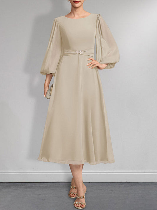 A-line Scoop Tea-Length Chiffon Mother of the Bride Dress With Crystal Brooch Pleated